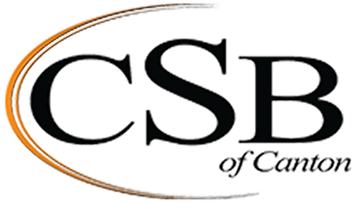 Logo of CSB of Canton, featuring large black letters "CSB" with an orange and brown swoosh design, and smaller text "of Canton" underneath.