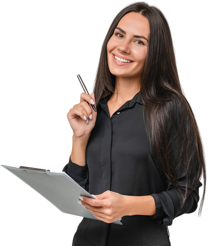 Smiling woman in a black shirt holding a clipboard and pen, standing on a white background.
