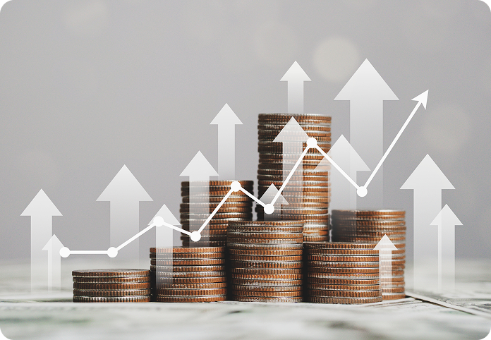 Stacks of coins of increasing height with upward-pointing arrows and a line graph, symbolizing financial growth or investment success.