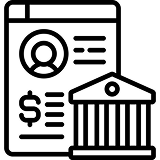 Icon showing a document with a person and dollar sign, alongside a classical building representing a financial or banking theme.