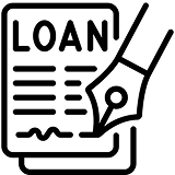 Icon of a document labeled "Loan" with a pen signing at the bottom, suggesting a financial agreement or contract.