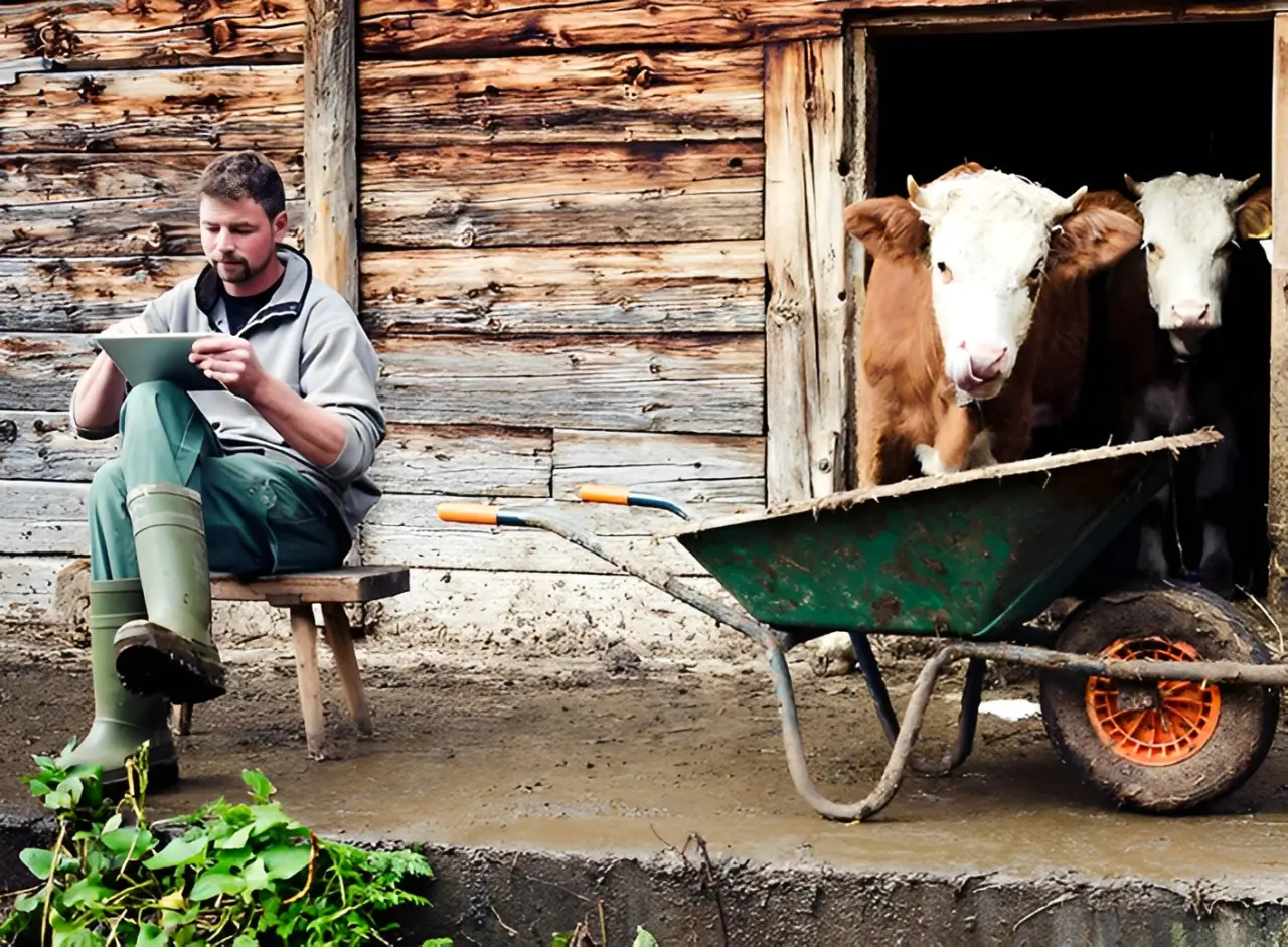 A man in rubber boots sits on a stool reading a tablet outside a wooden barn. Two cows stand nearby beside a wheelbarrow.