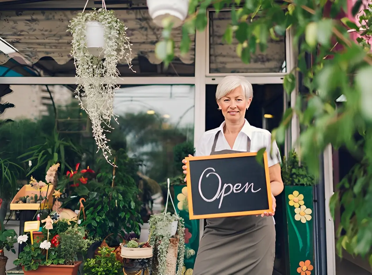 A person with short gray hair in an apron holds an "Open" sign outside a flower shop, surrounded by plants and greenery.