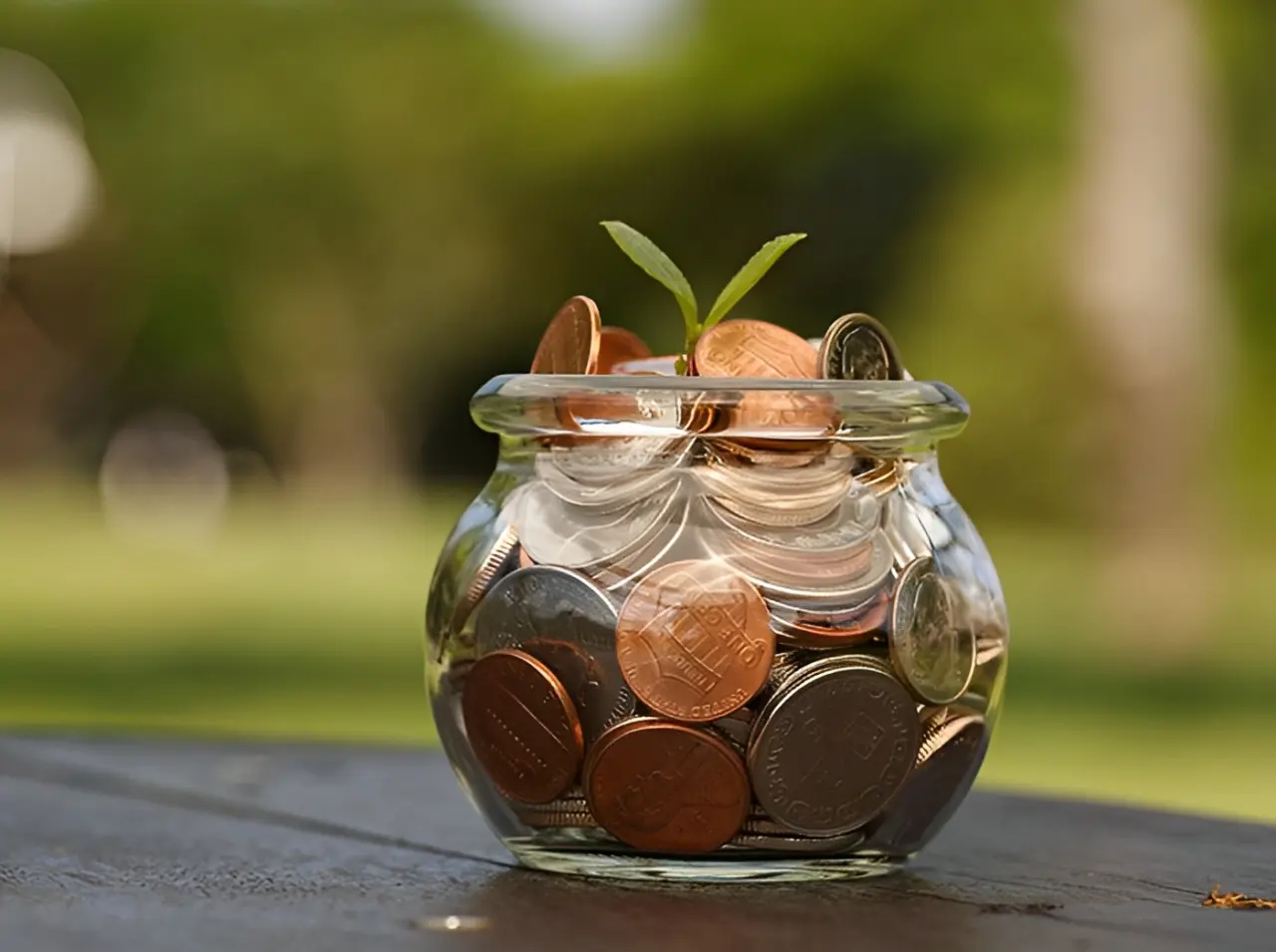 A clear glass jar filled with assorted coins, topped with a small green sprout, placed on a dark surface with blurred greenery in the background.