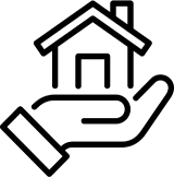 Icon of a hand holding a house, representing real estate or home ownership.