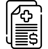 Icon of two stacked documents, one with a medical cross and the other with a dollar sign, representing healthcare costs or medical billing.