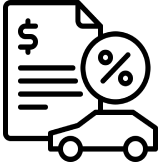 An icon of a document with a dollar sign, a car, and a percentage symbol, representing car financing or auto loans.