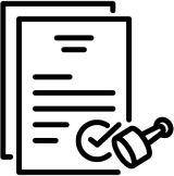 Icon of two overlapping documents with lines and a rubber stamp imprint.