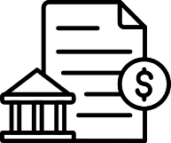 Icon of a document with lines next to a classical building and a dollar sign inside a circle, representing financial or legal matters.