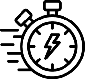 Black outline of a stopwatch with a lightning bolt in the center and motion lines on the left, suggesting speed.